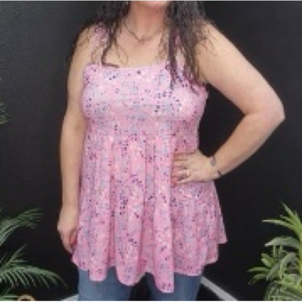 Heimish Pink Floral Spaghetti Tie Strap Tiered Baby Doll Top Size 1X EUC